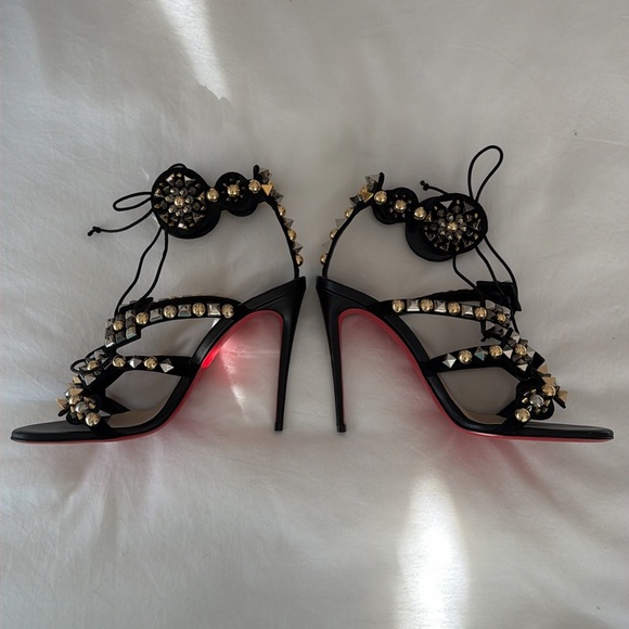 Christian Louboutin Kaleikita studded leather lace up sandals in black. - Picture 9 of 10